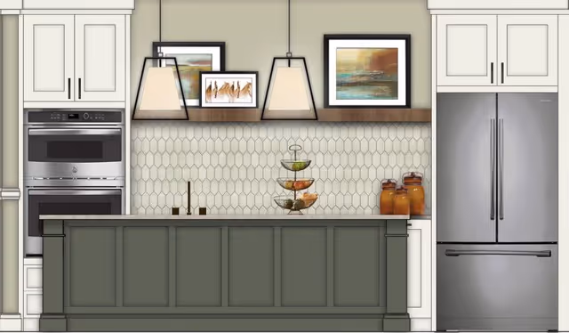 A modern kitchen with a green-paneled island, pendant lights, hex-tile backsplash, framed artwork, stainless steel fridge and double oven.