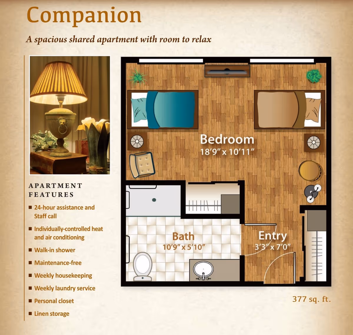 Floor plan of a companion apartment featuring a shared bedroom with two beds, a bath with a walk-in shower, and an entry area. The bedroom measures 18'9" by 10'11", the bath is 10'9" by 5'10", and the entry is 3'3" by 7'0". The apartment includes features such as 24-hour assistance, individually-controlled heat and air conditioning, maintenance-free living, weekly housekeeping and laundry service, a personal closet, and linen storage. There is also a photo of a decorative lamp and flowers on the left side.