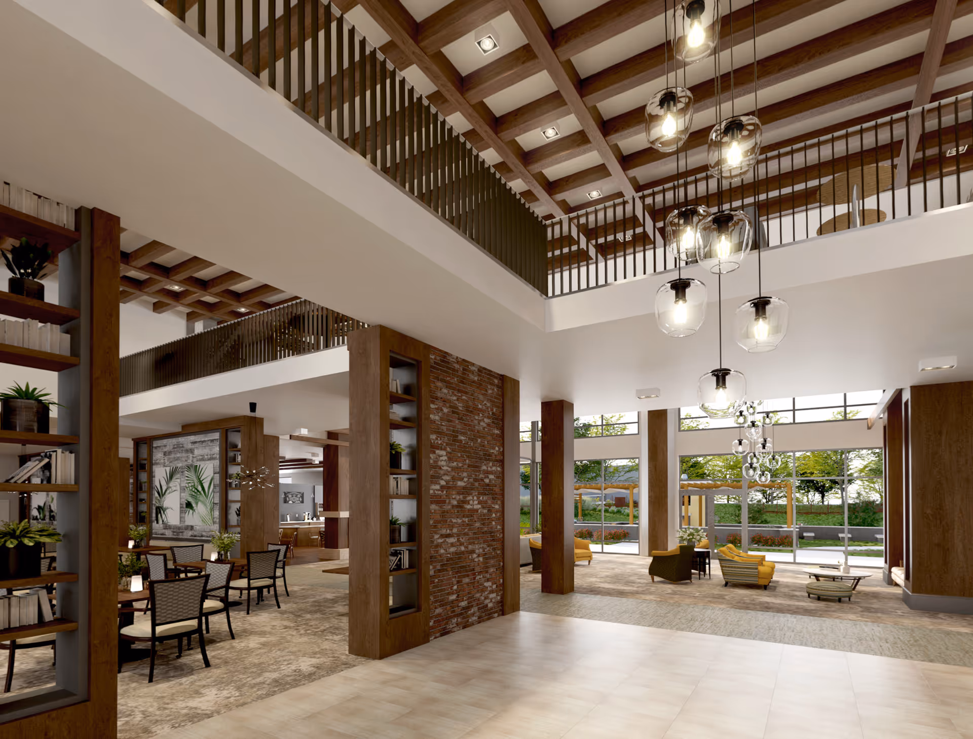Spacious and modern senior living facility common area with high ceilings featuring wooden beams, large windows letting in natural light, contemporary hanging light fixtures, seating areas with chairs and tables, and decorative shelving with plants and books.