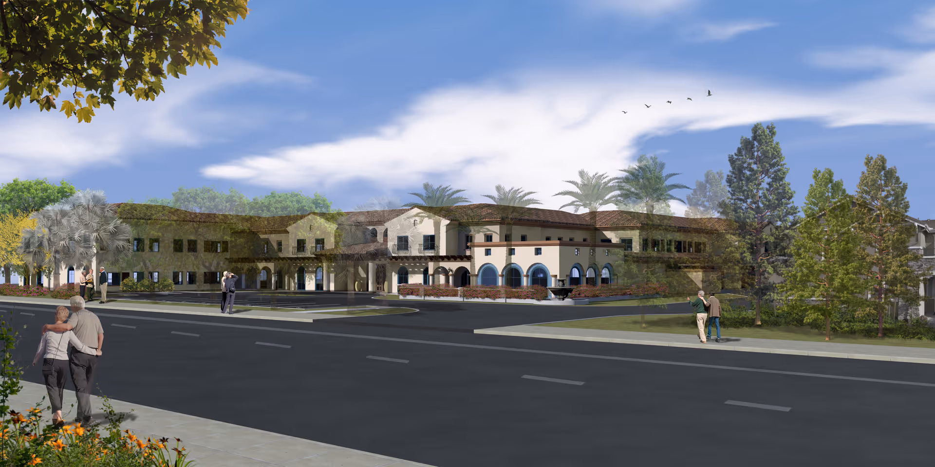 Street-front rendering of a two-story Mediterranean-style senior living building with landscaped grounds and people walking on the sidewalk.