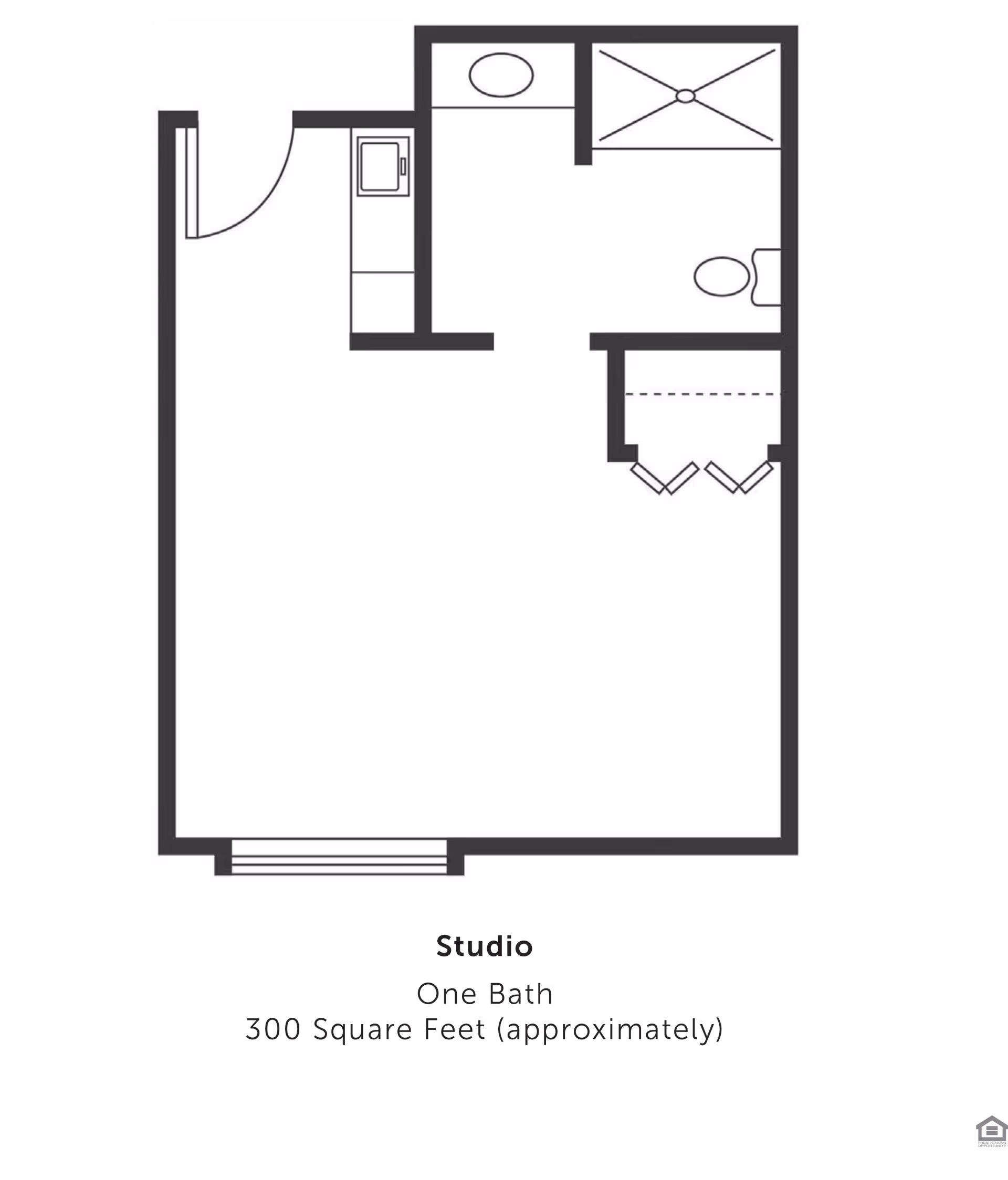 Black-and-white floor plan of a studio apartment showing an entry, kitchenette, bathroom, closet and main living area.