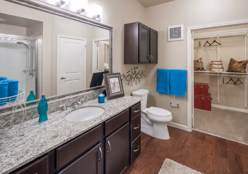 A modern bathroom with a granite countertop, an oval sink, dark wood cabinets, a large mirror, and a toilet. Blue towels hang on a rack next to the toilet. To the right, there is an open doorway leading to a walk-in closet with shelves, hangers, and decorative pillows. The bathroom has wood flooring and a glass-enclosed shower is partially visible on the left.
