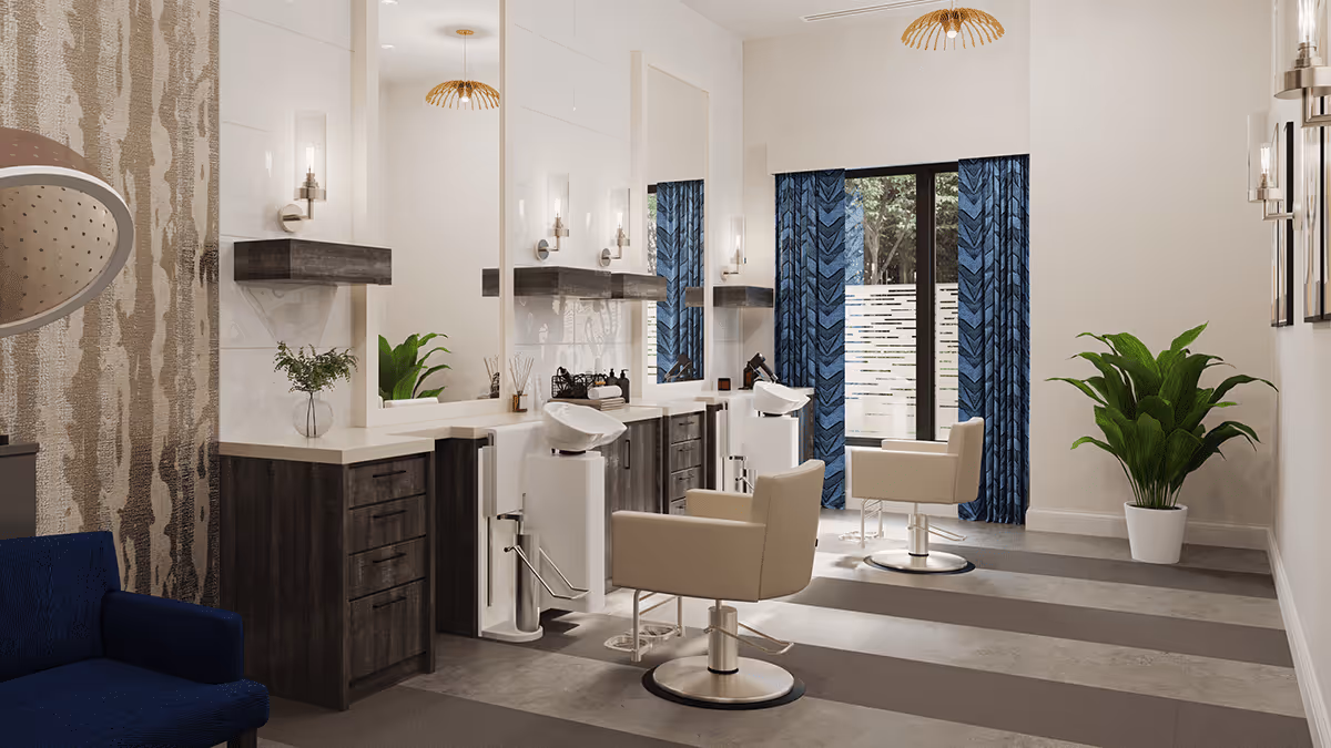 Interior of a modern hair salon with two beige styling chairs in front of large mirrors, dark wood cabinetry, and white countertops. The room features blue patterned curtains on the windows, a blue armchair, potted plants, and contemporary light fixtures on the walls and ceiling.