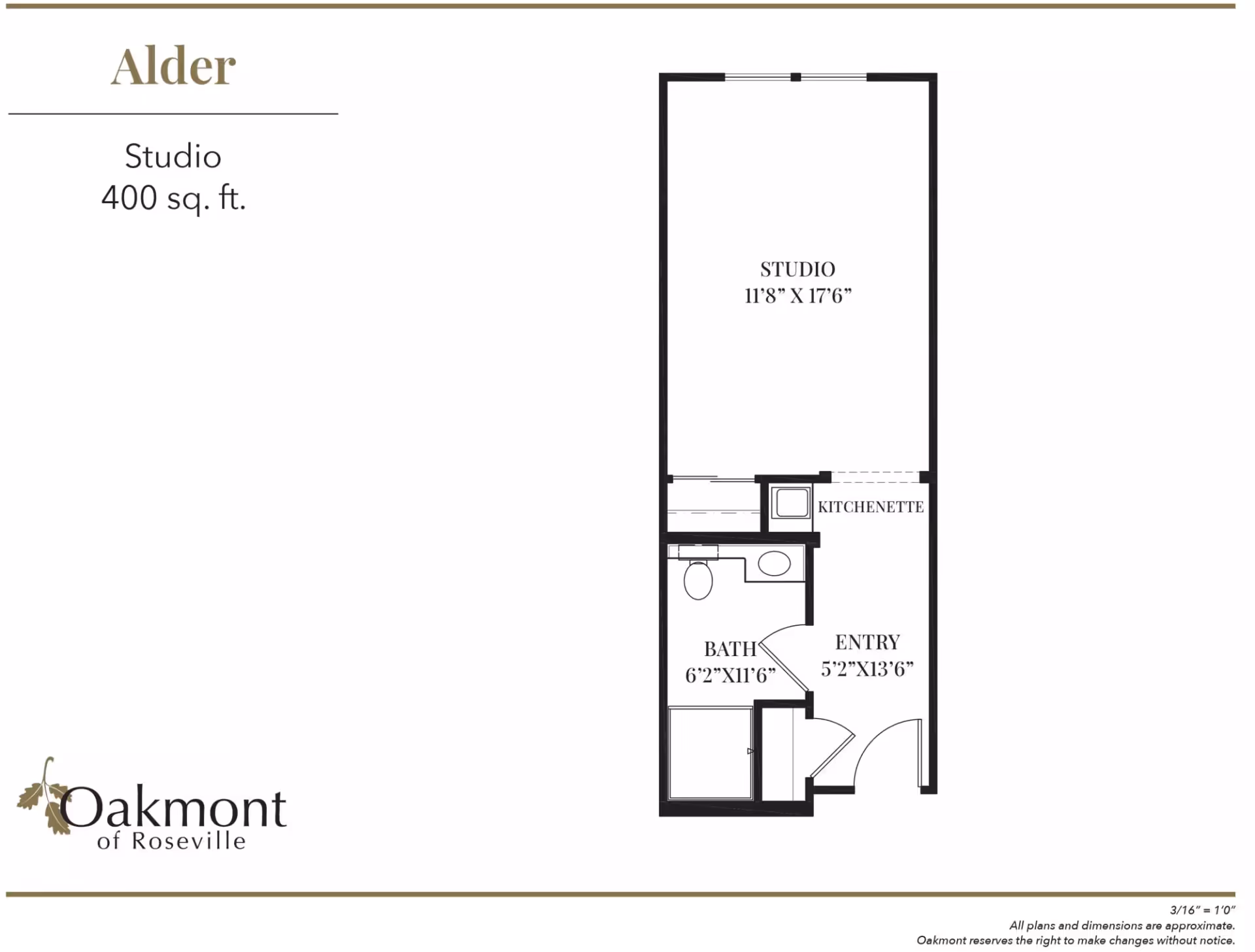 Floor plan of a studio apartment named Alder at Oakmont of Roseville, showing a 400 square feet layout with a studio area measuring 11 feet 8 inches by 17 feet 6 inches, a kitchenette, a bathroom measuring 6 feet 2 inches by 11 feet 6 inches, and an entry area measuring 5 feet 2 inches by 13 feet 6 inches.