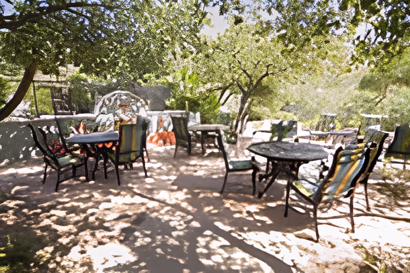 Outdoor patio area with several metal tables and chairs arranged under the shade of leafy trees, with a stone fireplace in the background.