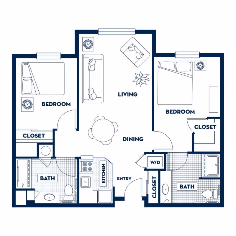Floor plan of a two-bedroom apartment featuring two bedrooms each with a closet, two bathrooms, a kitchen, a dining area with a round table, a living room with seating, and an entryway with a washer/dryer closet.