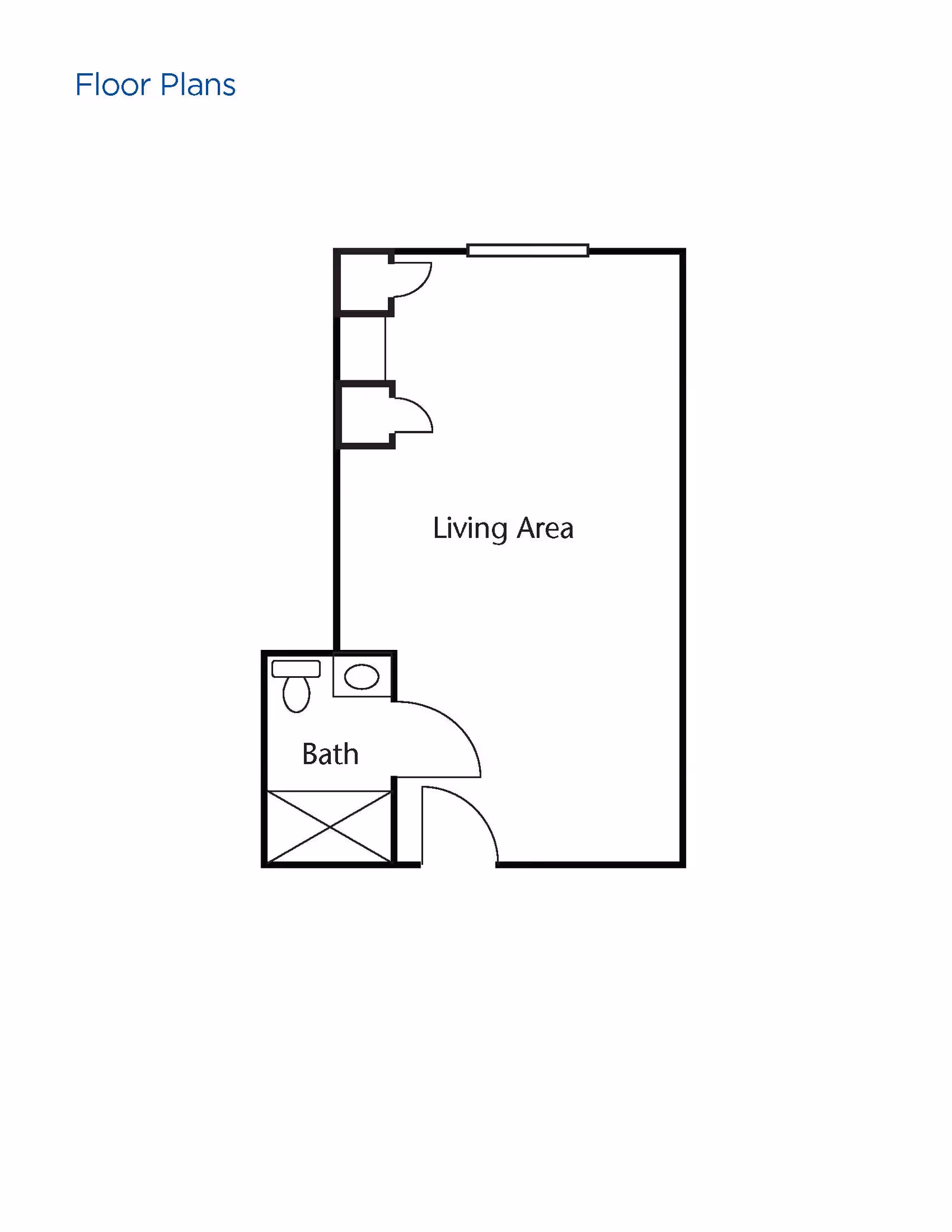 Floor plan showing a living area with an attached bathroom that includes a toilet, sink, and shower.