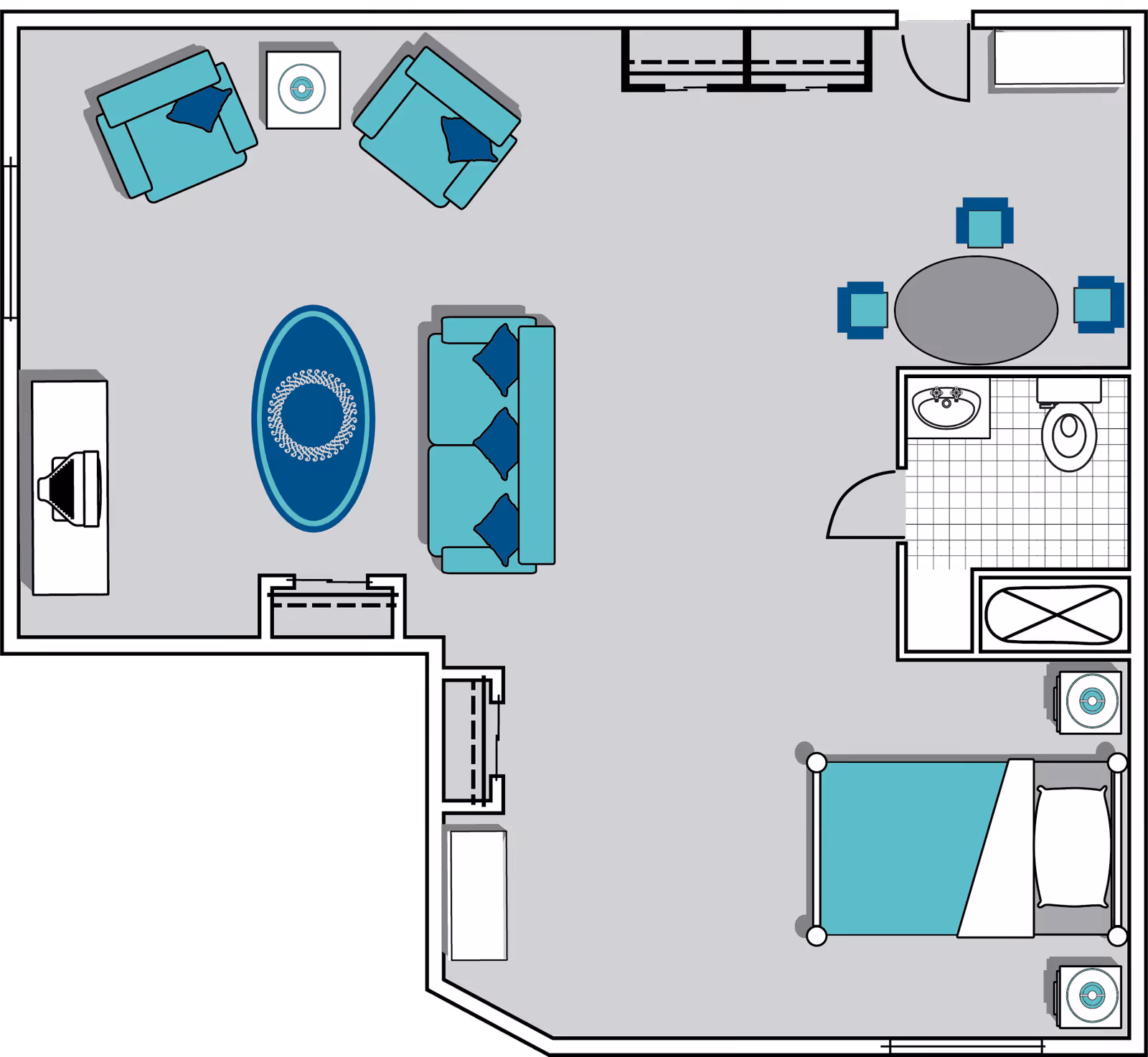 Floor plan of a senior living unit featuring a living area with two armchairs, a sofa, a coffee table, and a TV stand. Adjacent to the living area is a dining space with an oval table and four chairs. The unit also includes a bedroom with a bed and two nightstands, and a bathroom with a sink, toilet, and bathtub.