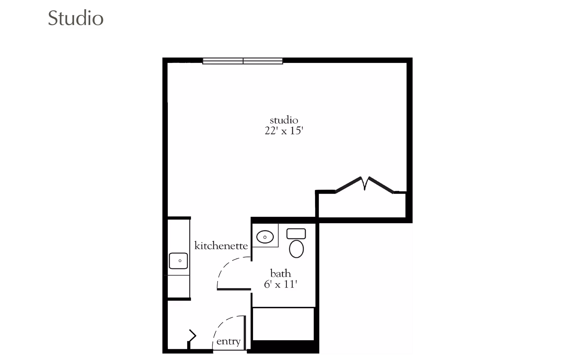 Floor plan of a studio apartment at Atria Tanglewood showing a 22 by 15 feet studio area, a kitchenette, a bathroom measuring 6 by 11 feet, and an entry area.