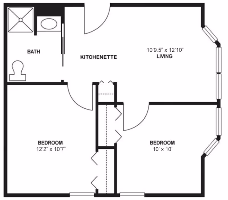 Floor plan layout of a living space at HarborChase of Branford showing two bedrooms, a bath, kitchenette, and living area with dimensions.
