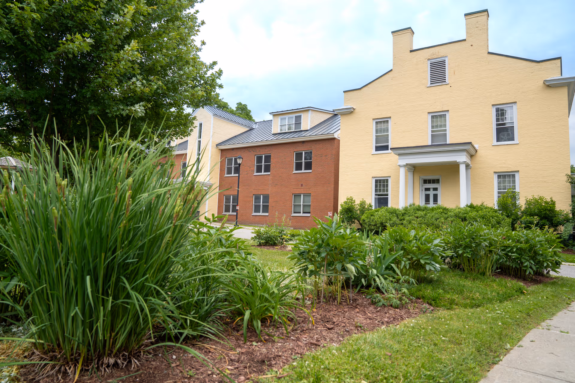 Exterior view of a senior living facility named Converse Home, showing a yellow and red brick building with multiple windows, surrounded by green bushes, plants, and a large tree under a cloudy sky.