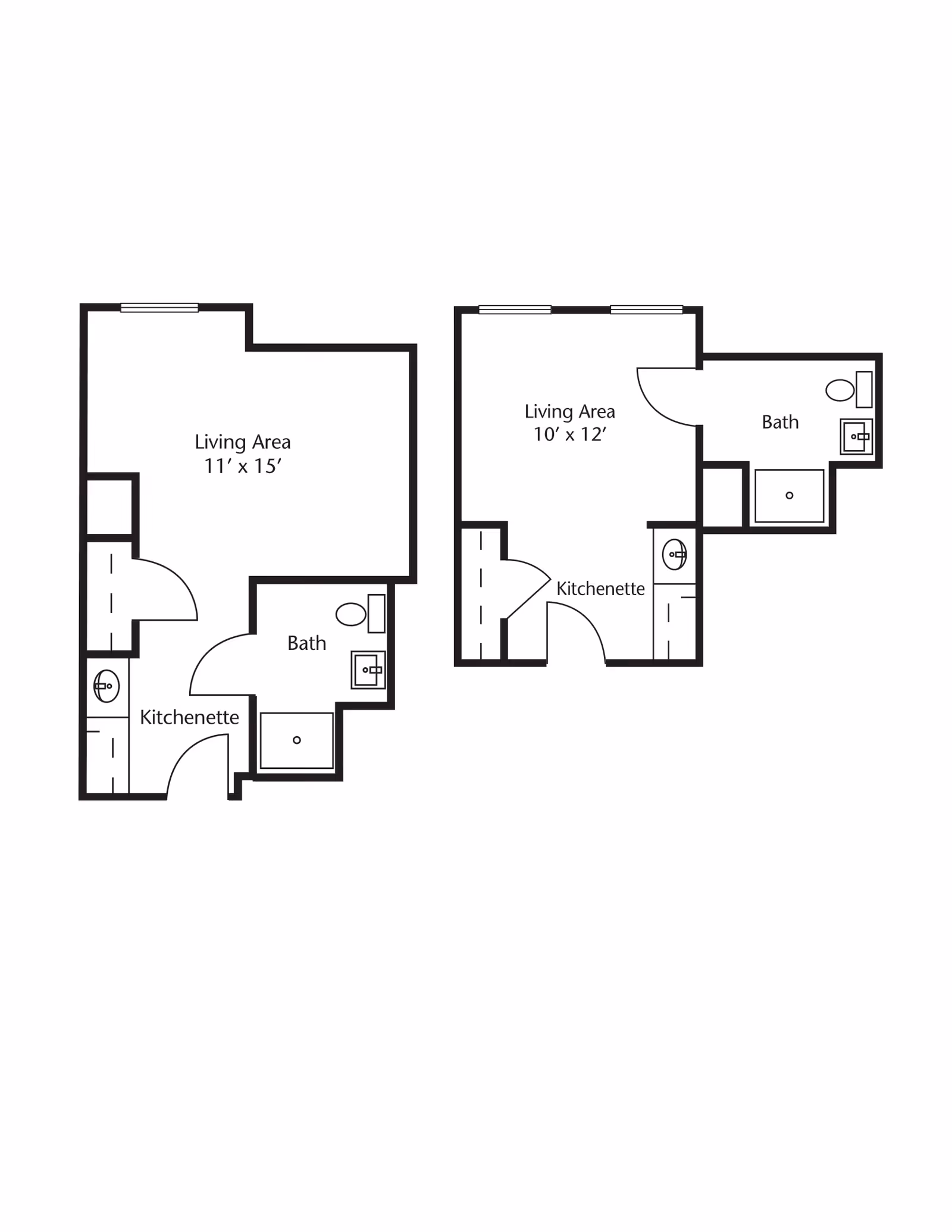 Floor plan showing two studio apartment layouts at Brookdale Tramway Ridge, each with a living area, kitchenette, and bath. The left layout has a living area of 11 by 15 feet, and the right layout has a living area of 10 by 12 feet.