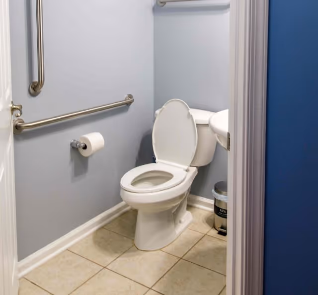 Small accessible bathroom with an open toilet, grab bars on the wall, a toilet paper holder, and a sink with a trash can.