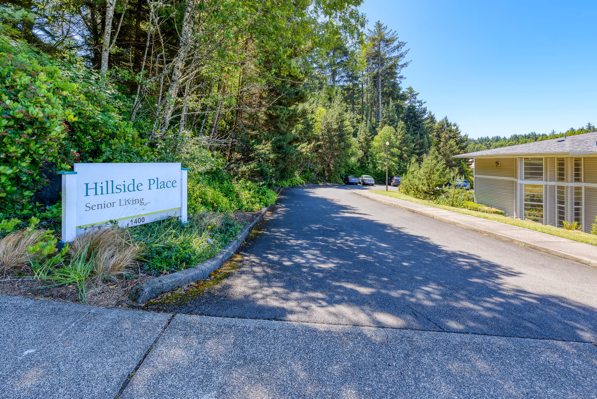 Entrance driveway to Hillside Place Senior Living facility with a sign on the left side surrounded by greenery and trees, and a building on the right under a clear blue sky.