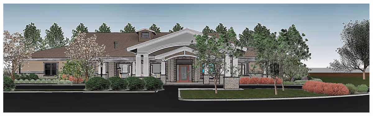 Architectural rendering of a single-story senior living facility front with a covered entrance, landscaped shrubs and trees, and a drive aisle.