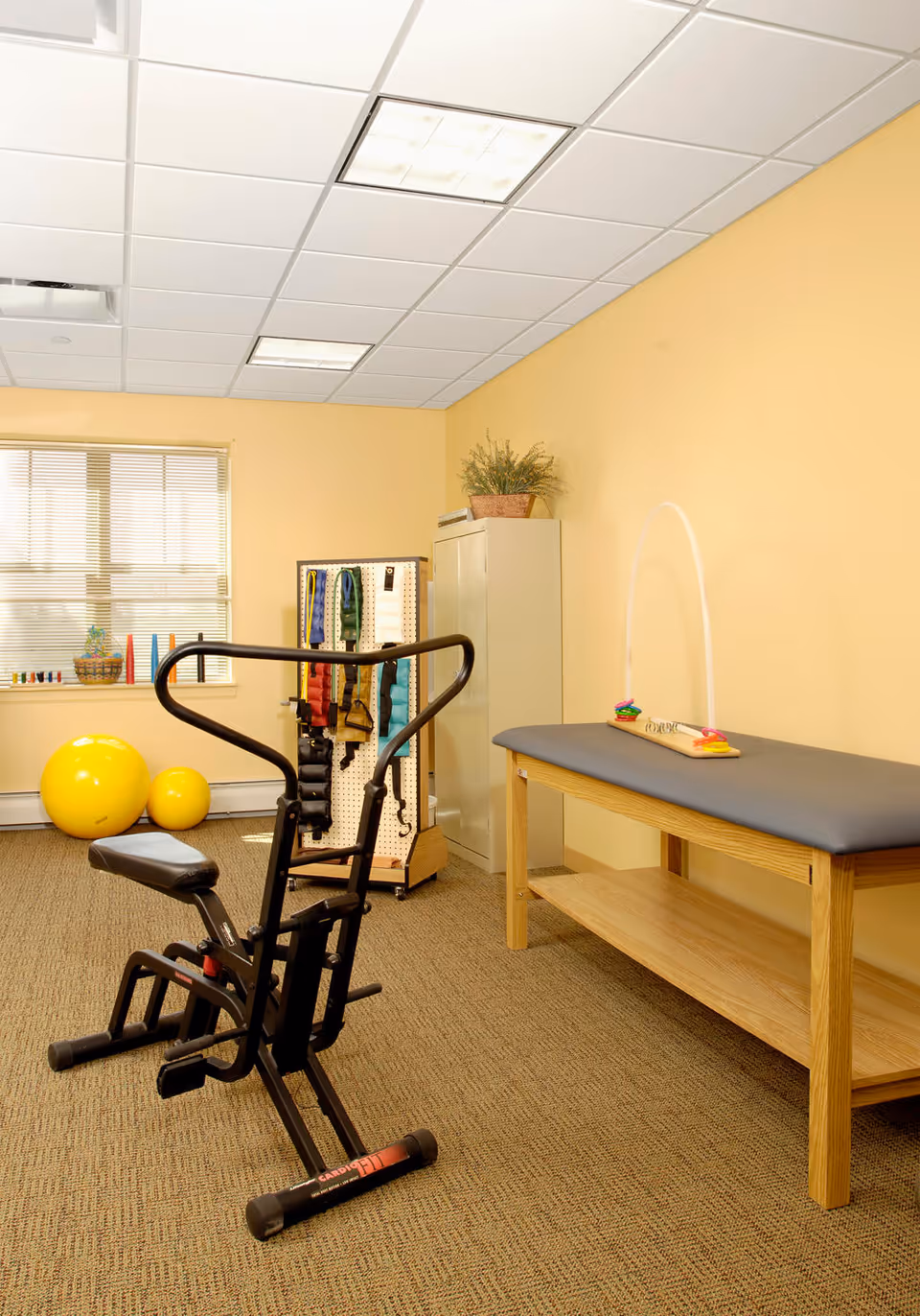 A small exercise room with beige walls and carpeted floor. The room contains a black exercise machine, two yellow exercise balls near a window with blinds, a pegboard with colorful resistance bands, a beige storage cabinet with a plant on top, and a wooden therapy table with a padded top and some small exercise equipment on it.