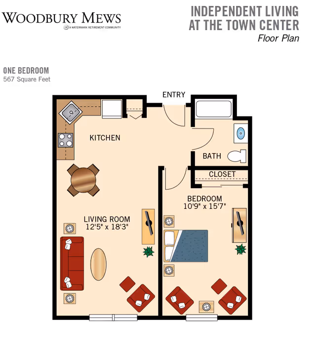 Floor plan of a one-bedroom independent living apartment at Woodbury Mews, showing a kitchen with appliances and a dining table, a living room with sofa and chairs, a bedroom with a bed and seating area, a bathroom with a bathtub, toilet, and sink, and a closet. Dimensions for living room and bedroom are included.