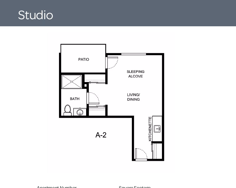 Floor plan diagram of a studio apartment (A-2) showing a sleeping alcove, living/dining area, kitchenette, bath, and patio.