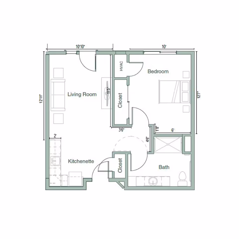 Floor plan of a one-bedroom apartment showing a living room, kitchenette, bedroom, bathroom, closets, and HVAC.