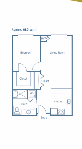 Floor plan of a residential unit approximately 680 square feet, showing a bedroom with a closet, a living room, a kitchen, a bathroom with a washer/dryer area, and an entryway.