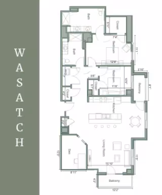 Architectural floor plan of an apartment named Wasatch at Legacy Village of Sugar House, showing layout with two bedrooms, two bathrooms, kitchen, living room, dining area, den, closets, and two balconies.