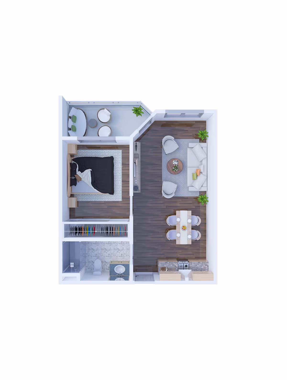 3D floor plan of a senior living apartment showing a bedroom with a bed and nightstands, a bathroom with a shower, toilet, and sink, a living room with a sofa, two chairs, coffee table, and plants, a dining area with a table and four chairs, a kitchen with appliances and cabinets, and a small balcony with seating and a plant.