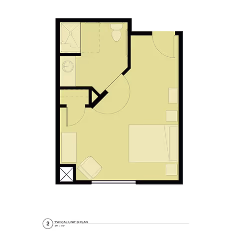Floor plan of a small living space featuring a bedroom area with a bed, two nightstands, a chair, and a dresser. The plan also includes a bathroom with a shower, toilet, and sink. The entrance door is located on the right side of the layout.