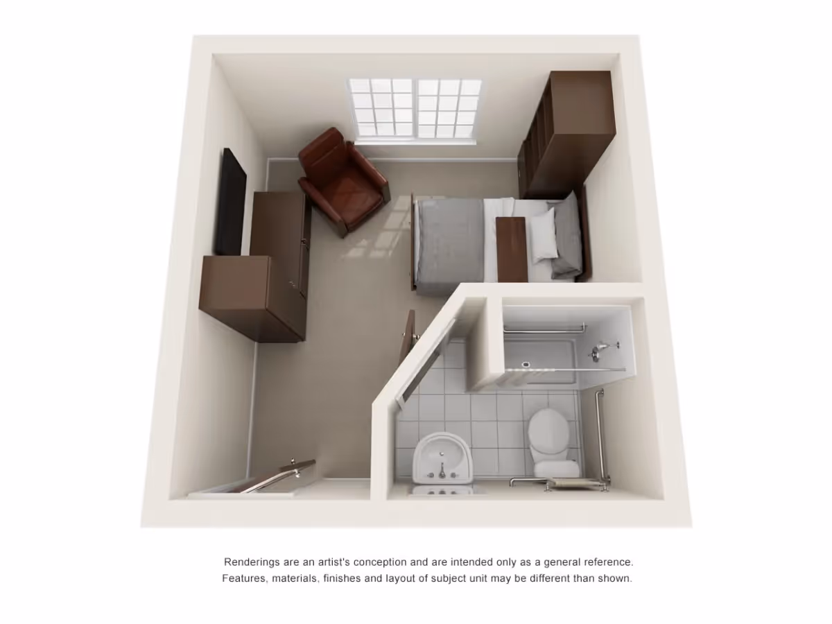 3D floor plan of a small senior living unit featuring a bedroom area with a bed, armchair, TV, and storage cabinets, along with an attached bathroom containing a toilet, sink, and shower.