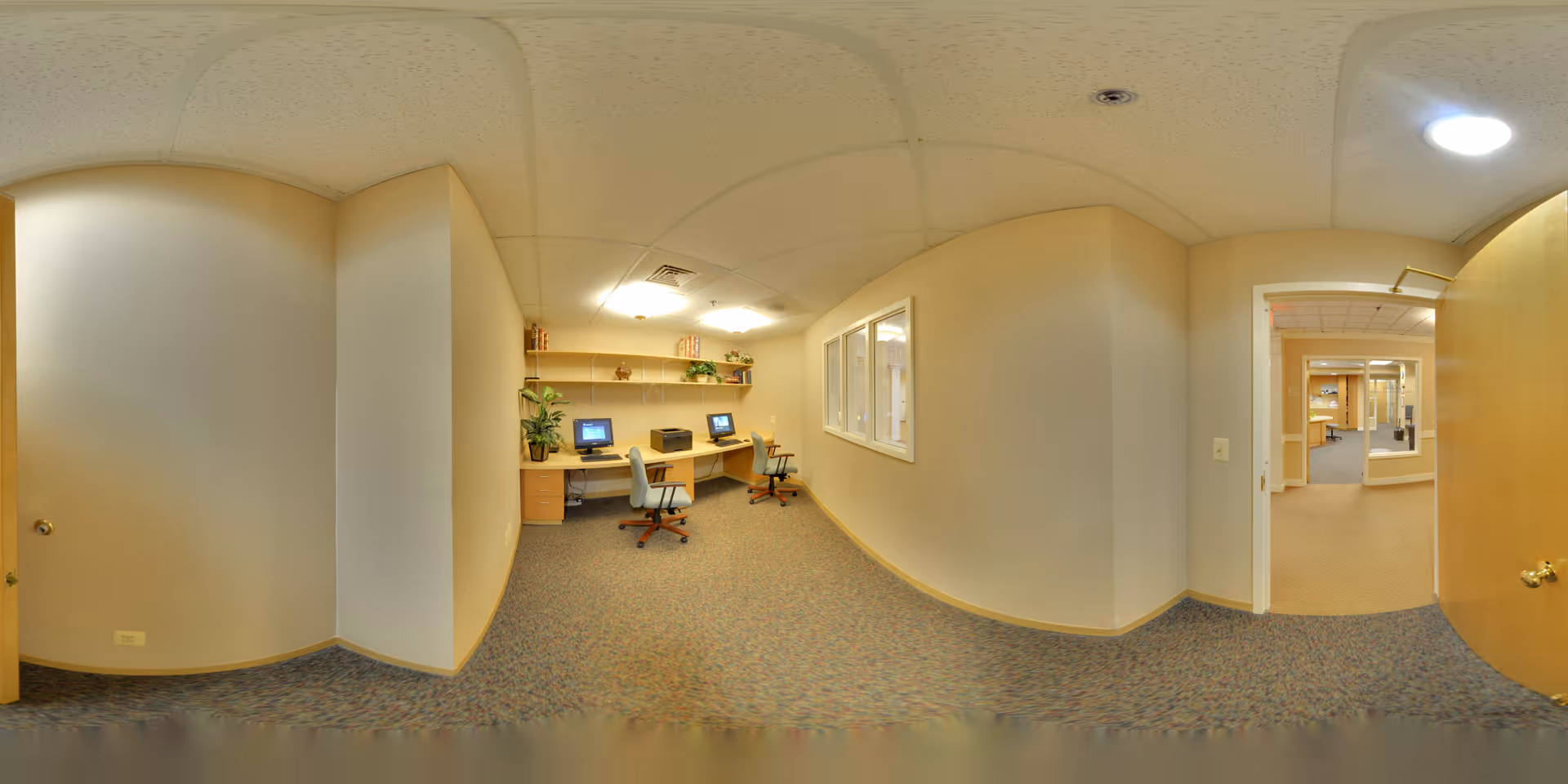 A carpeted interior workspace with two computer desks, office chairs, shelving and potted plants viewed from a hallway opening into a larger corridor.