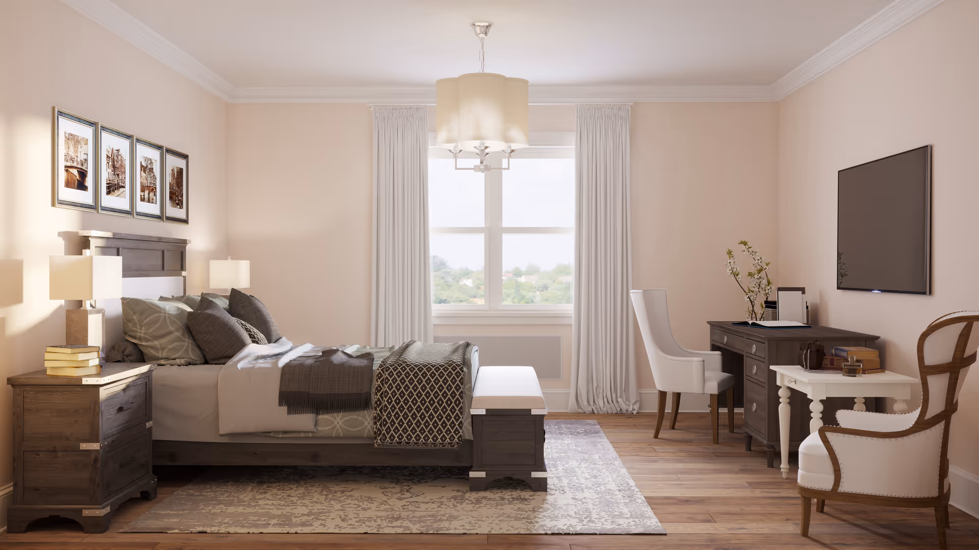 Sunlit neutral-toned bedroom with a wooden bed and nightstands, a window with curtains, a desk, chairs and a wall-mounted TV.