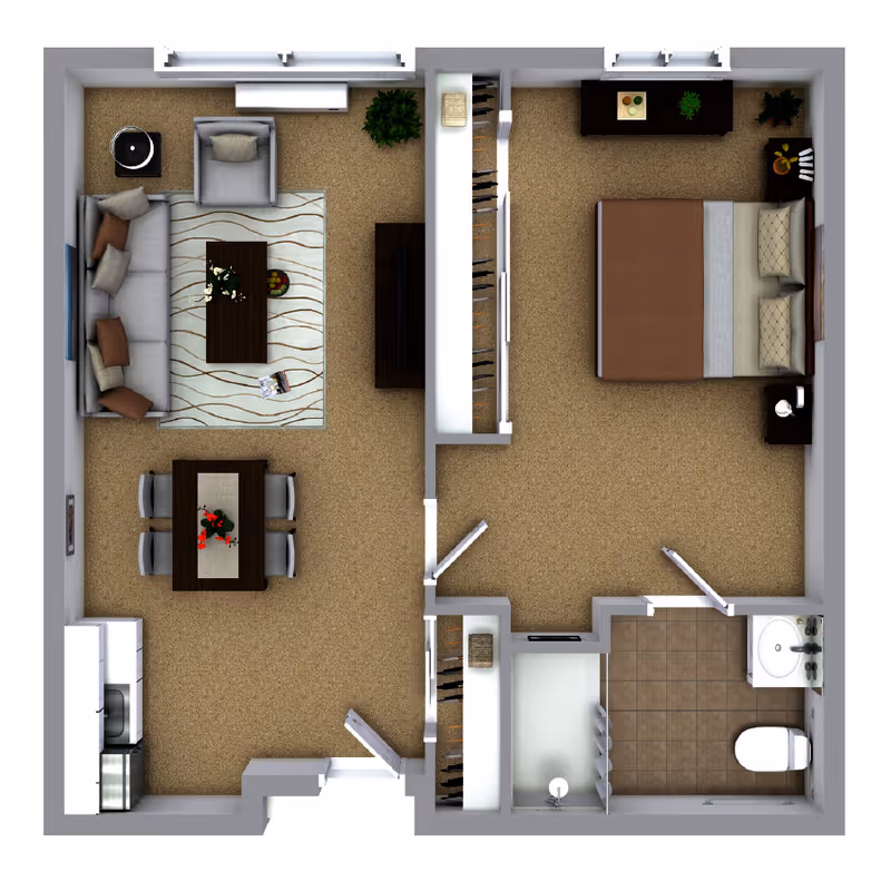 Top-down rendered floor plan of a one-bedroom apartment showing a living room, dining area, kitchen, bedroom, bathroom, and closets.