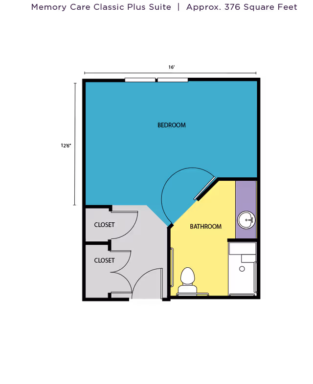 Colored floor plan of a Memory Care Classic Plus Suite showing a bedroom, bathroom, toilet, sink, and two closets.