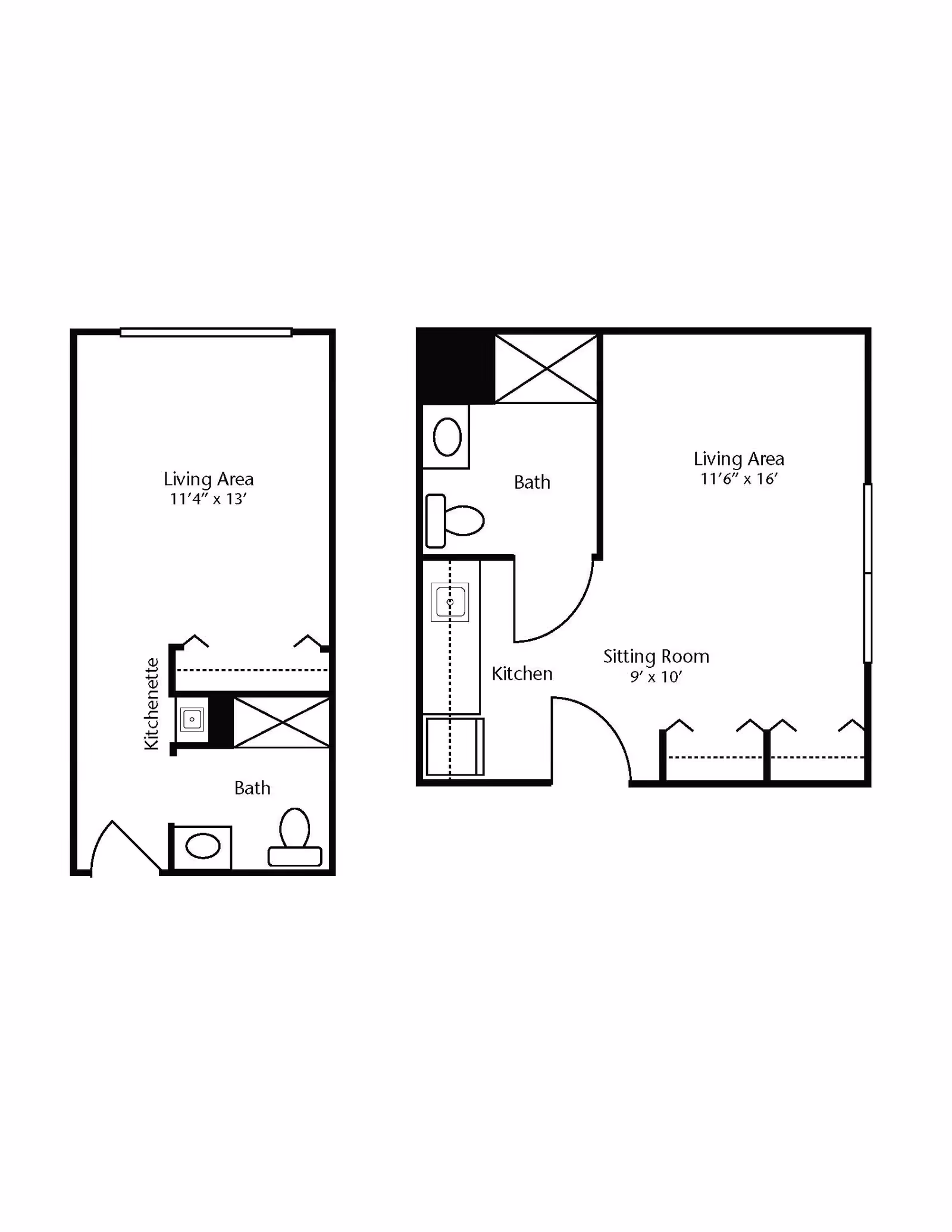 Floor plan showing two studio apartment layouts at Brookdale Onalaska. The left layout includes a living area measuring 11'4" x 13', a kitchenette, and a bathroom. The right layout includes a living area measuring 11'6" x 16', a sitting room measuring 9' x 10', a kitchen, and a bathroom.