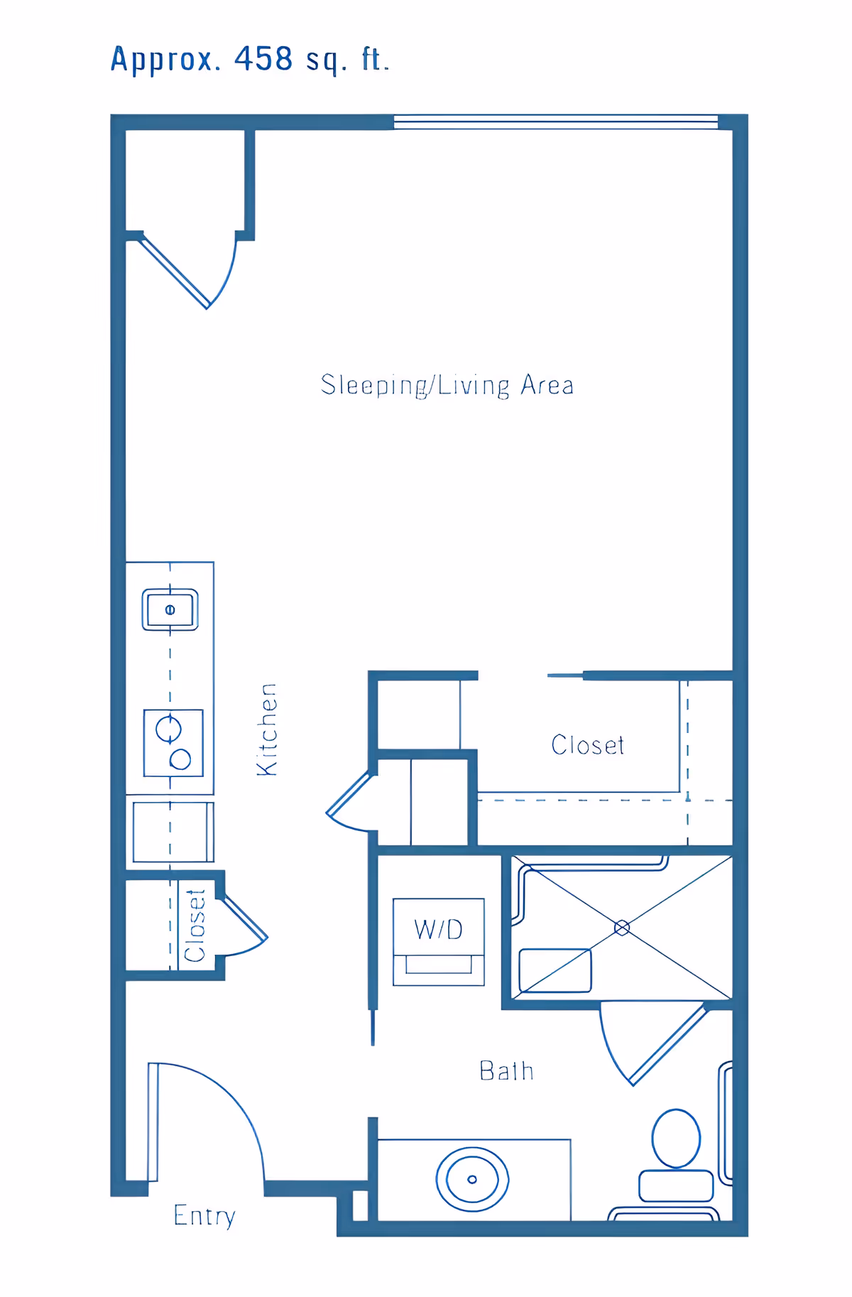 Floor plan of a studio apartment approximately 458 square feet, showing an entry leading into a kitchen area with a closet, a combined sleeping and living area, a closet, a bathroom with a sink, toilet, and shower, and a washer/dryer unit.