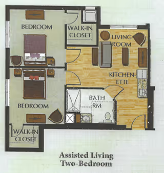 Floor plan of an assisted living two-bedroom apartment at Summer Vista Assisted Living, showing two bedrooms each with a walk-in closet, a bathroom, a living room, and a kitchenette area.
