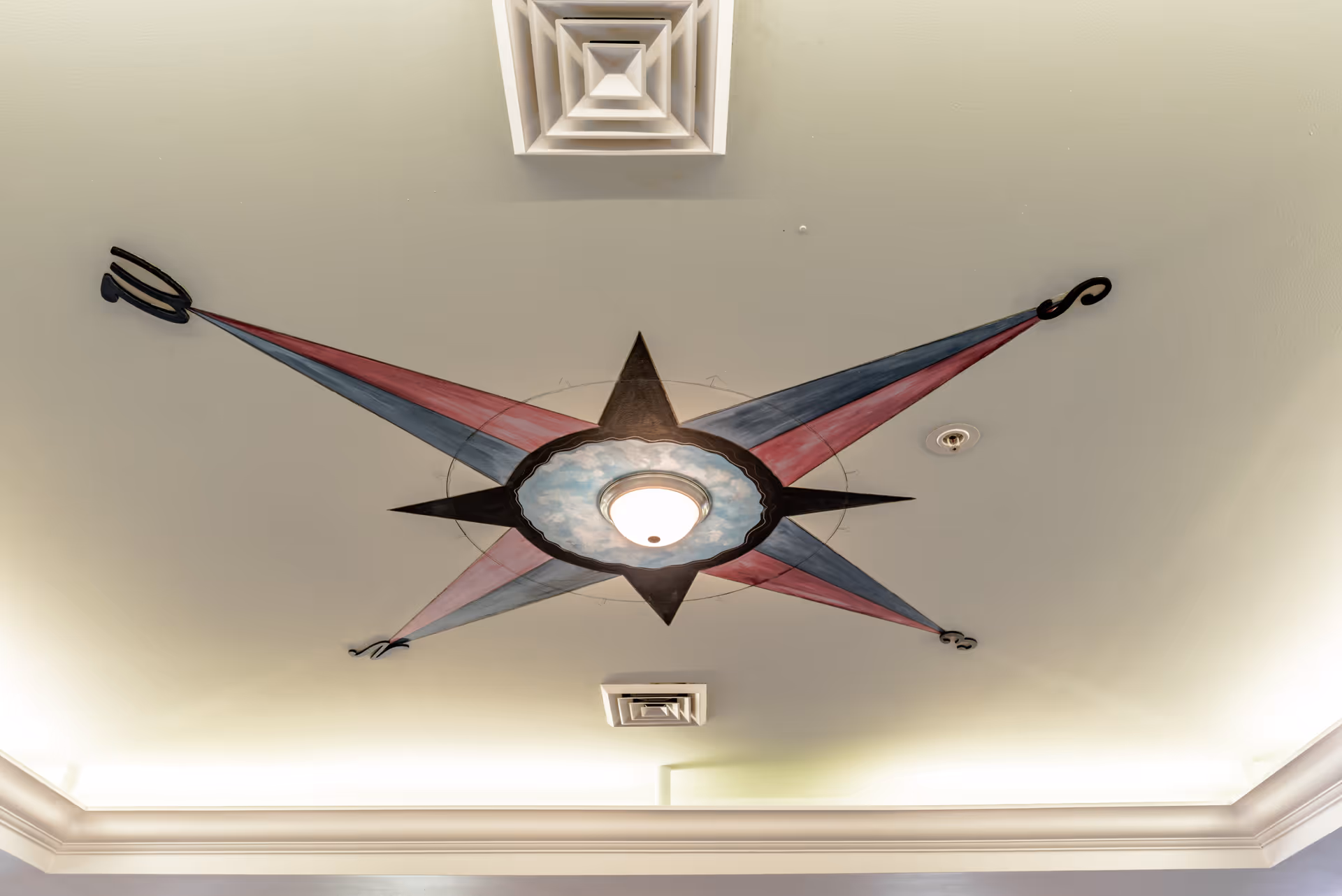 Ceiling with a painted compass star design surrounding a central light fixture and ventilation grilles.