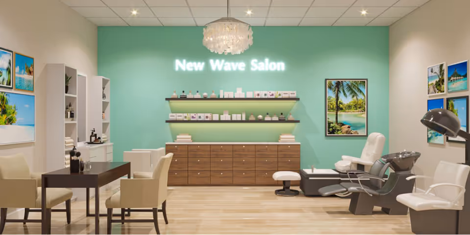 Bright salon interior with chairs, manicure table, hair-washing stations, and a mint-green wall sign reading "New Wave Salon".