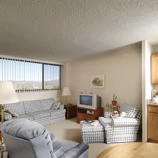 A cozy living room with a checkered sofa and armchair, a gray recliner, a small wooden TV stand with an older-style television, a side table with a lamp, and a window with vertical blinds letting in natural light.