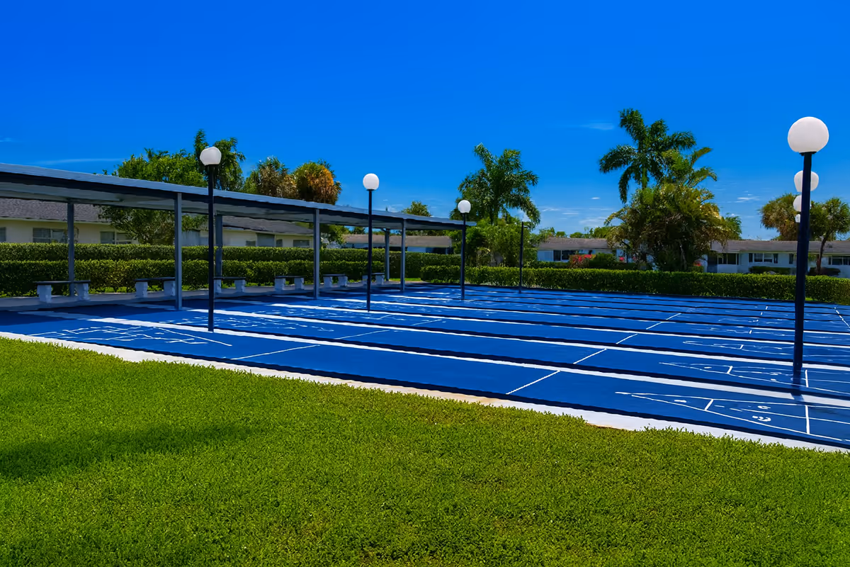 An outdoor recreational area with blue walking lanes surrounded by greenery and palm trees.