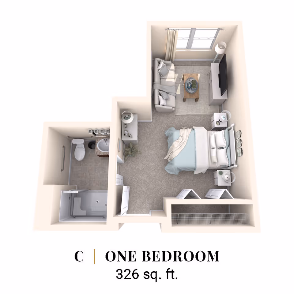 3D floor plan of a one-bedroom assisted living unit with 326 square feet. The layout includes a bedroom with a bed, two nightstands, a TV on a stand, a small sofa with a coffee table, a closet, and a bathroom with a toilet, sink, and shower.