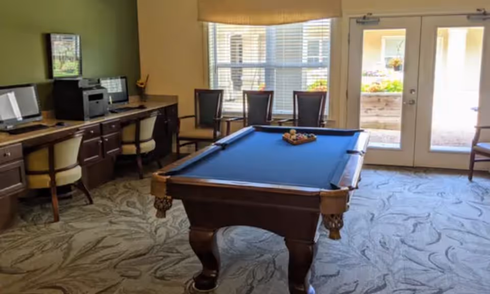 A room with a blue felt pool table in the center, surrounded by chairs. Along one wall, there is a long desk with computers and chairs. Large windows and glass doors let in natural light, showing an outdoor area beyond.