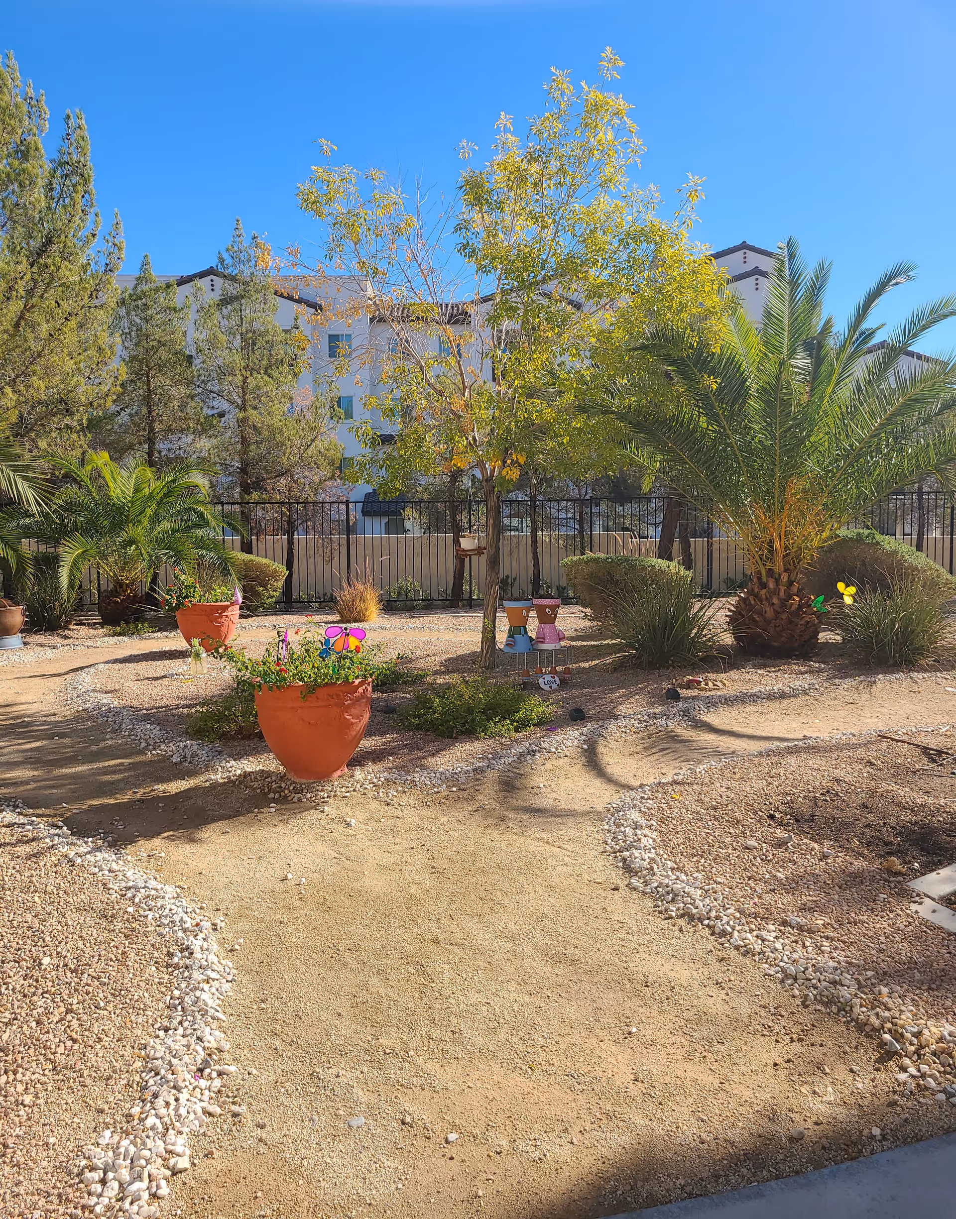 Outdoor garden area with a dirt pathway bordered by white pebbles, several potted plants, small bushes, and trees including a palm tree. In the background, there is a multi-story building partially obscured by trees and a black metal fence. The sky is clear and blue.