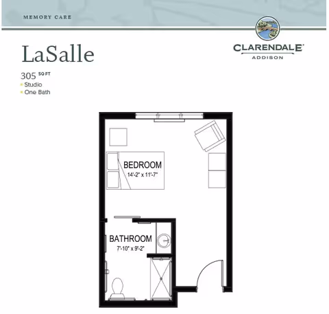 Floor plan of LaSalle studio apartment at Clarendale of Addison, showing a 305 square foot layout with one bedroom area measuring 14 feet 2 inches by 11 feet 7 inches, and one bathroom measuring 7 feet 10 inches by 9 feet 2 inches. The bedroom includes a bed, chair, and small table. The bathroom includes a toilet, sink, and shower.