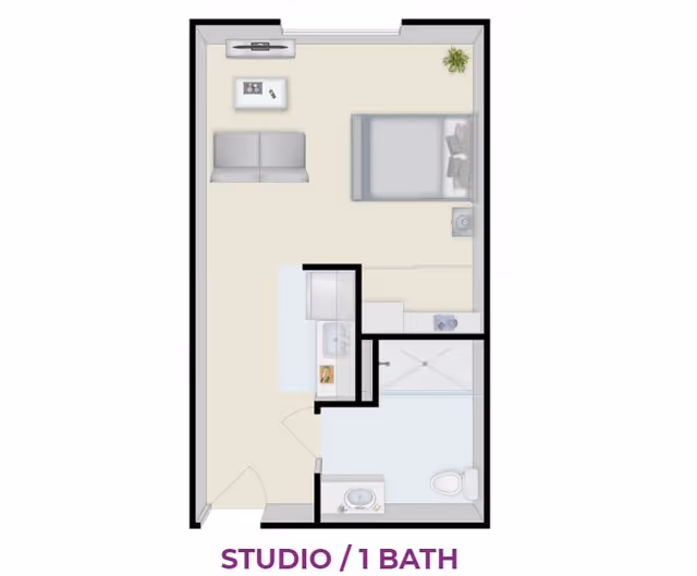 Floor plan of a studio apartment with one bathroom, showing a combined living and sleeping area with a bed, sofa, coffee table, and TV. The kitchen area includes a sink and countertop. The bathroom has a toilet, sink, and shower.