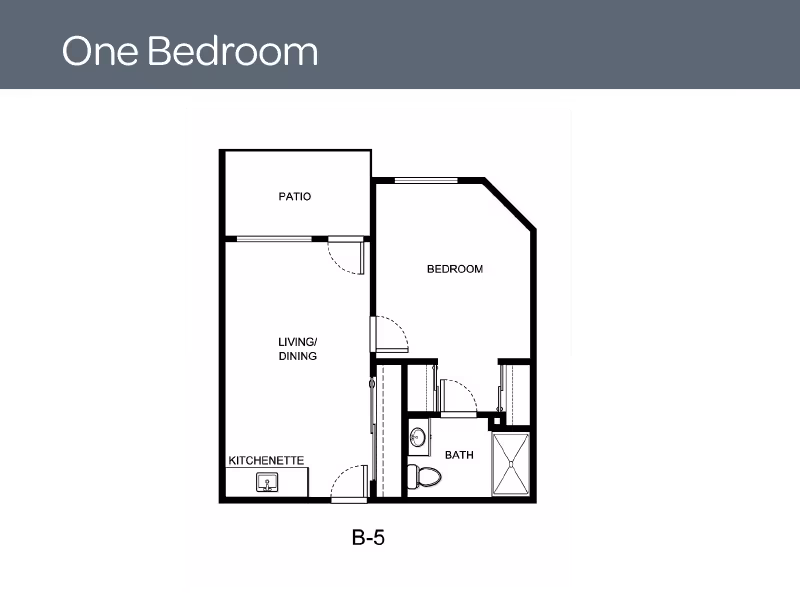 Black-and-white one-bedroom floor plan (B-5) showing a patio, bedroom, living/dining area, kitchenette, and bathroom.