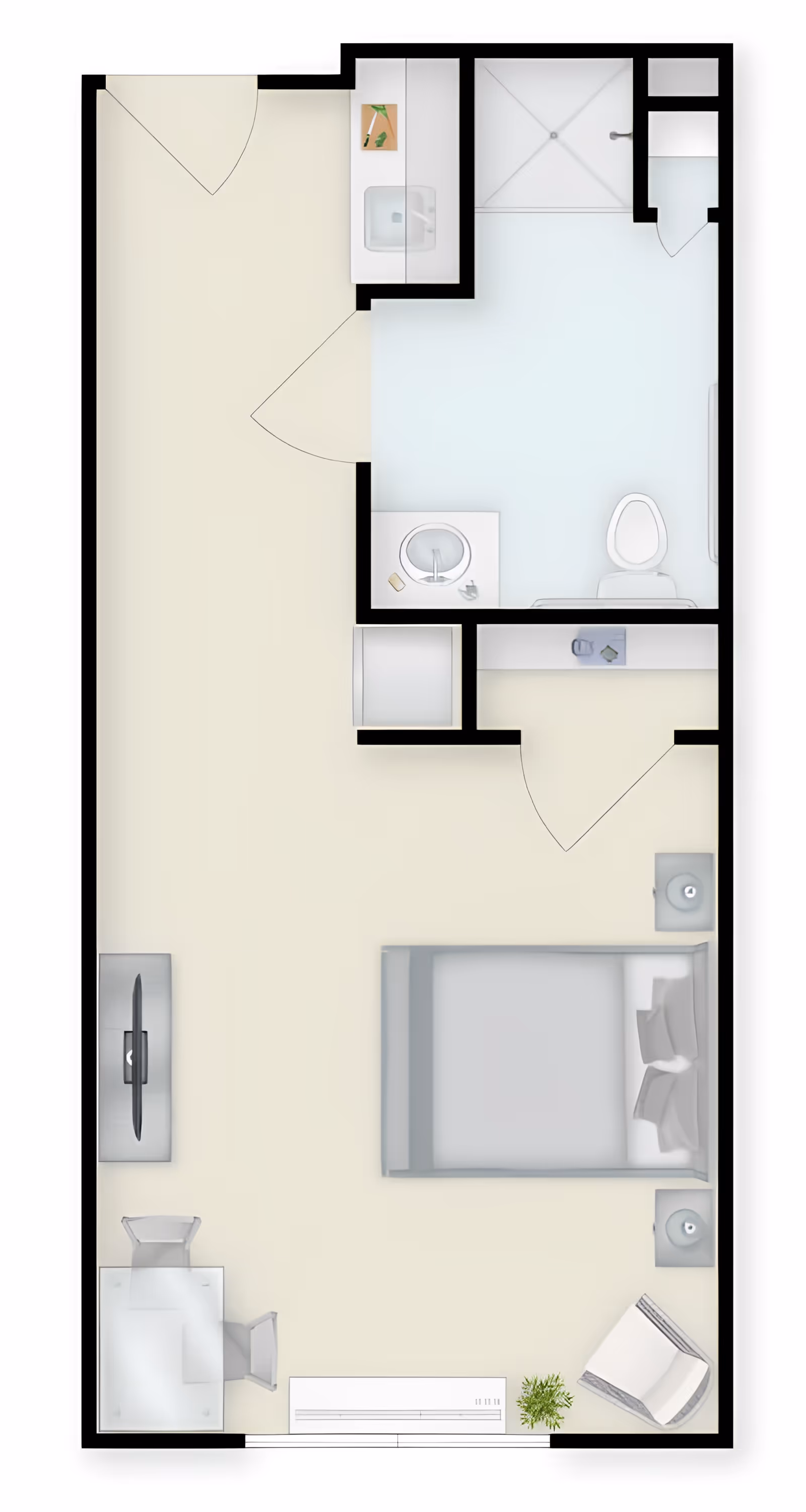 Floor plan of a senior living studio apartment featuring a bedroom area with a bed, two nightstands, a chair, and a small plant. The living area includes a TV mounted on the wall and a small dining table with two chairs. The bathroom has a shower, toilet, and sink. There is also a small kitchenette area with a sink and counter space.