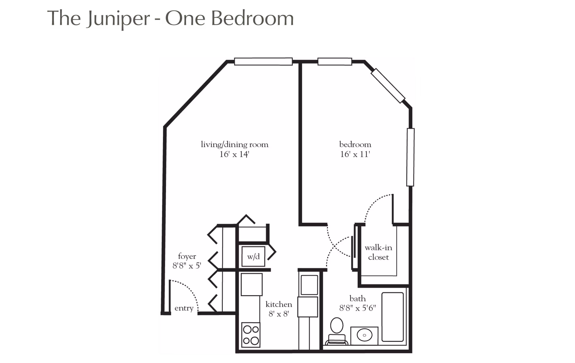 Floor plan titled 'The Juniper - One Bedroom' showing a layout with a living/dining room measuring 16 feet by 14 feet, a bedroom measuring 16 feet by 11 feet, a kitchen measuring 8 feet by 8 feet, a foyer measuring 8 feet 8 inches by 5 feet, a bathroom measuring 8 feet 8 inches by 5 feet 6 inches, a walk-in closet, and an entry area. The plan includes a washer/dryer area near the kitchen.