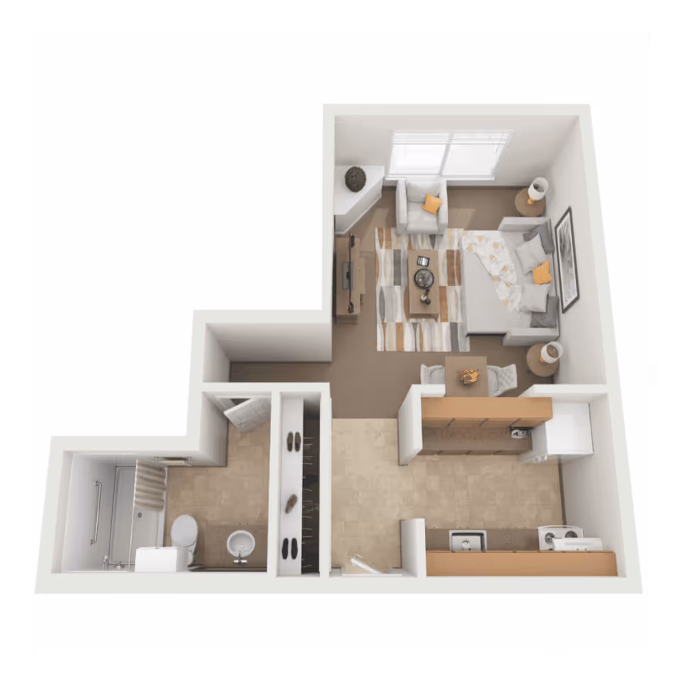 3D floor plan of a small apartment featuring a living area with a sofa, armchair, coffee table, and TV, a kitchen with appliances and cabinetry, and a bathroom with a shower, toilet, and sink.