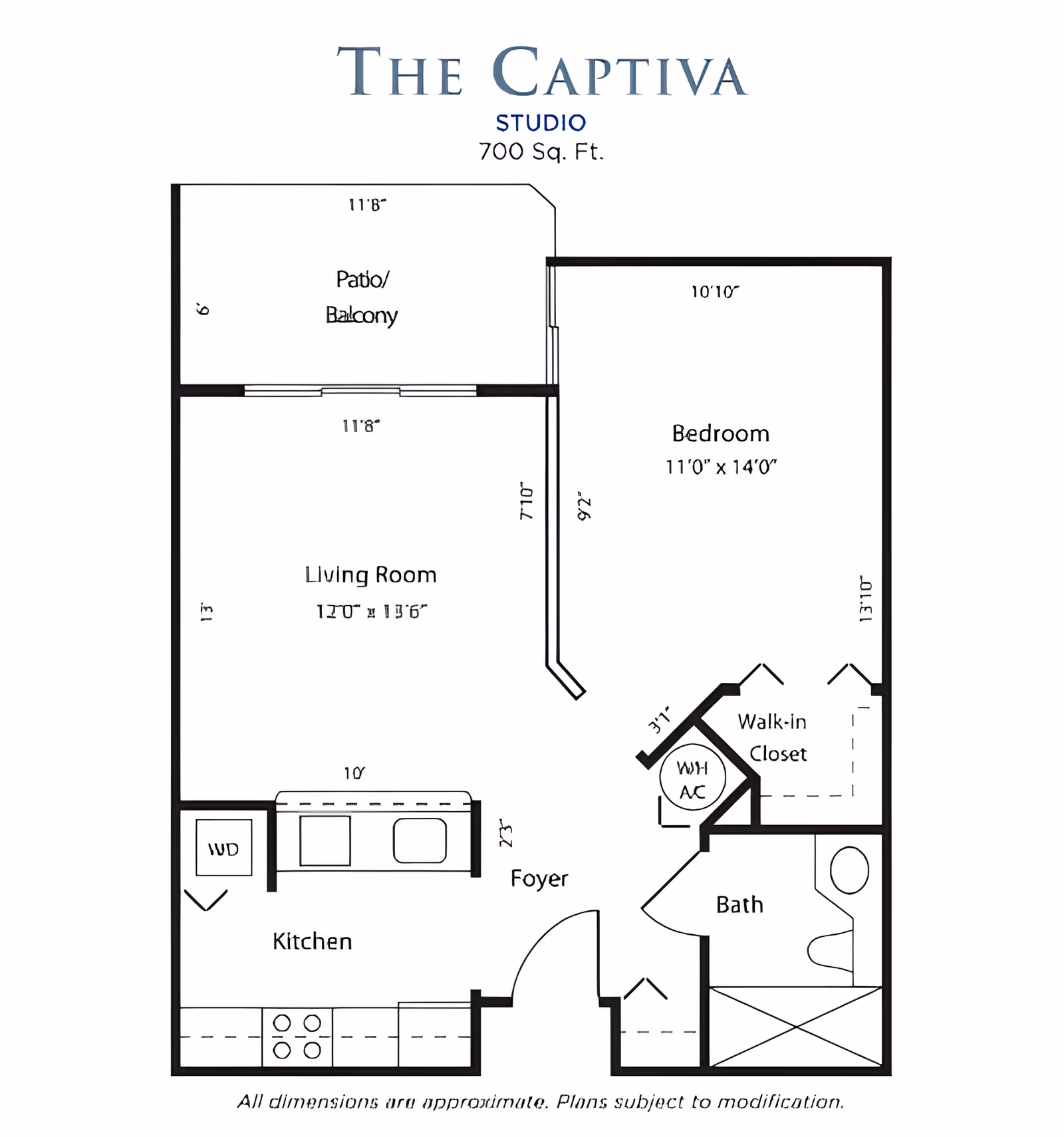 Floor plan of The Captiva studio apartment with 700 square feet, showing a patio/balcony, living room, kitchen, foyer, bedroom with walk-in closet, and bathroom.