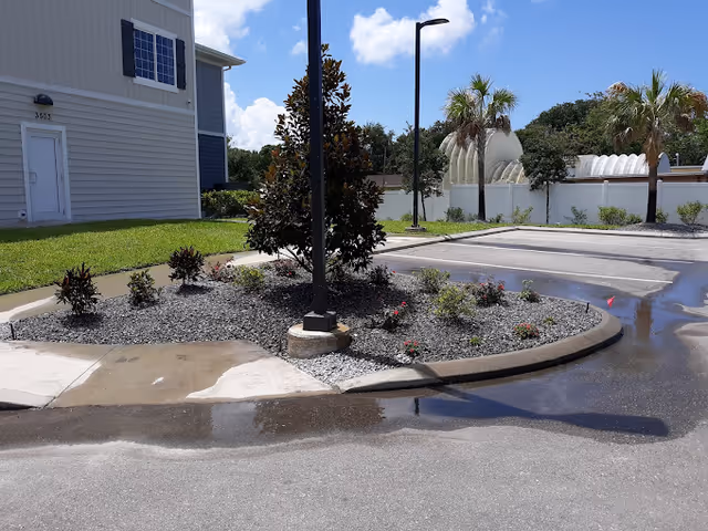 Parking lot with a landscaped island featuring a lamppost and small plants beside a light-colored apartment building and palm trees under a blue sky.